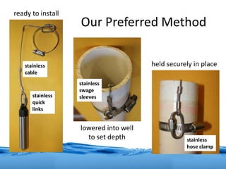 Our Preferred Method
held securely in place
lowered into well
to set depth
stainless
cable
stainless
swage
sleeves
stainless
hose clamp
stainless
quick
links
ready to install
 