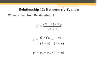 We know that, from Relationship 11
𝛾′ =
(𝐺 − 1) ∗ ϒW
𝛾′ =
𝐺 ∗ϒ𝑤
−
(1 + 𝑒) (1 + 𝑒)
𝛾′ = 𝛾𝑑 − 𝛾𝑤 ∗ (1 − 𝑛)
𝛾𝑤
Relationship 12: Between 𝜸′, ϒ, andn
(1 + 𝑒)
 