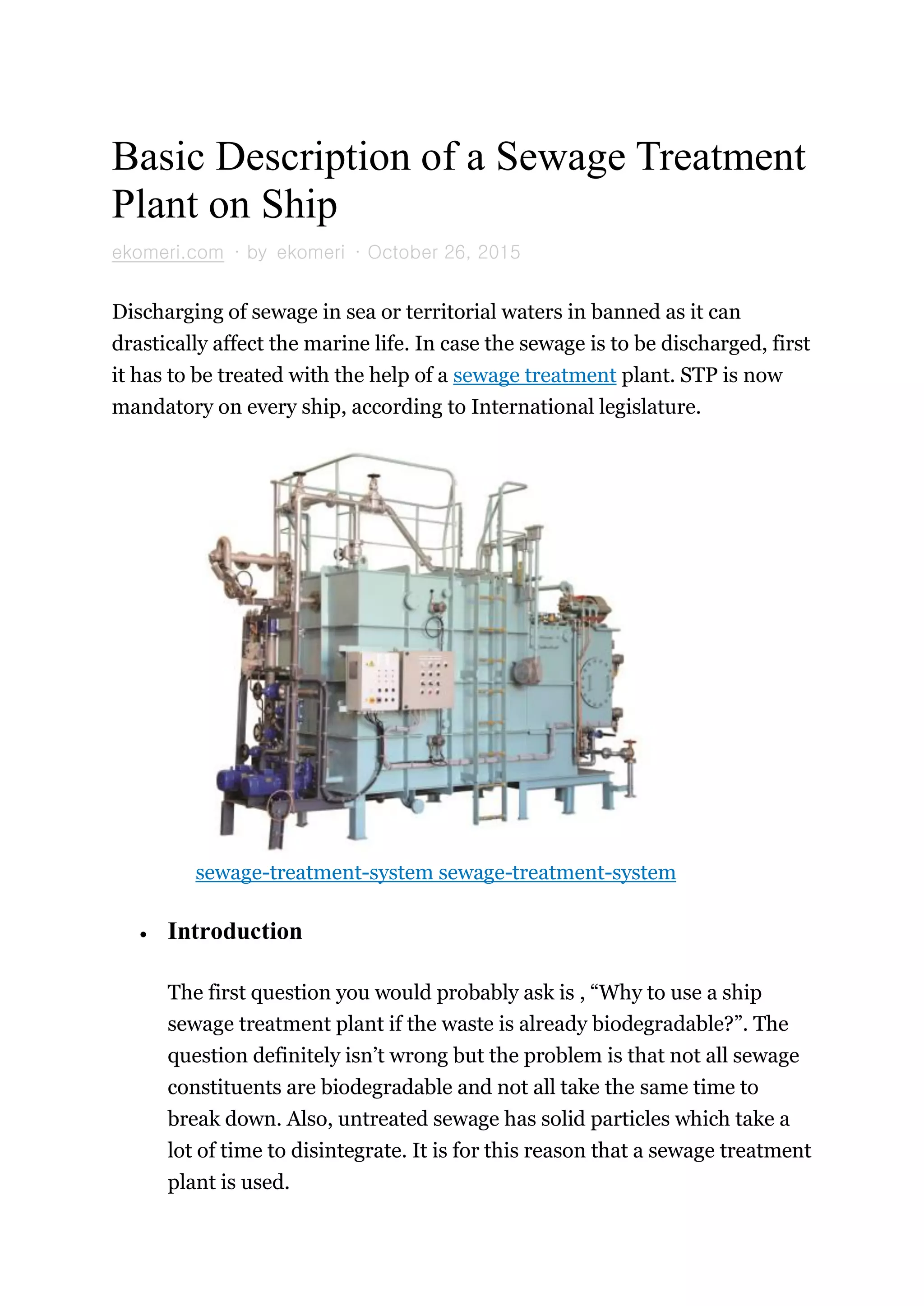 Basic description of a sewage treatment plant on ship | PDF