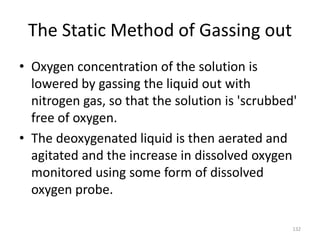 The Static Method of Gassing out
• Oxygen concentration of the solution is
lowered by gassing the liquid out with
nitrogen gas, so that the solution is 'scrubbed'
free of oxygen.
• The deoxygenated liquid is then aerated and
agitated and the increase in dissolved oxygen
monitored using some form of dissolved
oxygen probe.
132
 