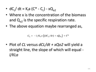 • dCL/ dt = Kla (C* - CL) - xQo2
• Where x is the concentration of the biomass
and Qo2 is the specific respiration rate.
• The above equation maybe rearranged as,
• Plot of CL versus dCL/dt + xQo2 will yield a
straight line, the slope of which will equal -
l/KLa
141
 