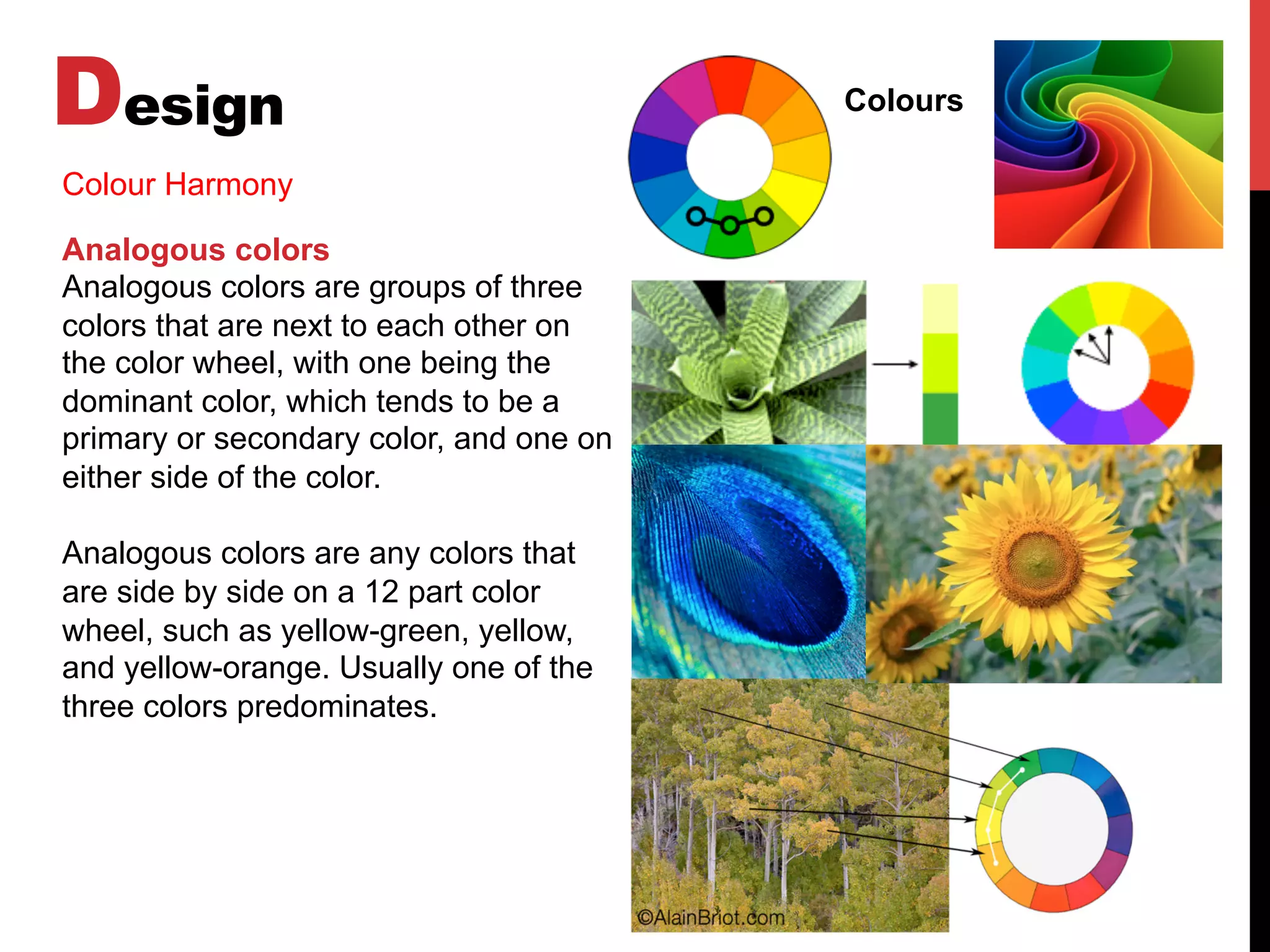 Design Colours
Colour Harmony
Analogous colors
Analogous colors are groups of three
colors that are next to each other on
the color wheel, with one being the
dominant color, which tends to be a
primary or secondary color, and one on
either side of the color.
Analogous colors are any colors that
are side by side on a 12 part color
wheel, such as yellow-green, yellow,
and yellow-orange. Usually one of the
three colors predominates.
 