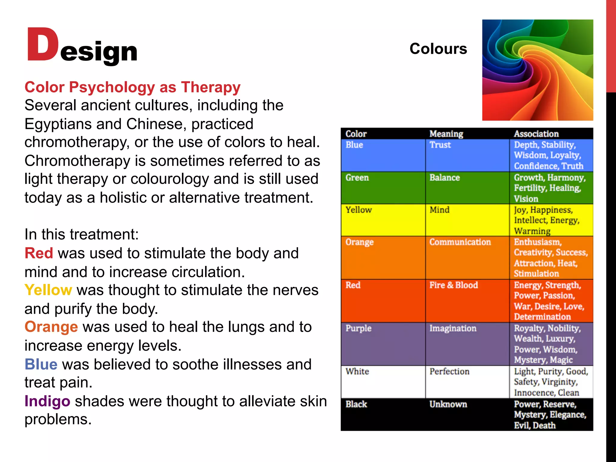Design Colours
Color Psychology as Therapy
Several ancient cultures, including the
Egyptians and Chinese, practiced
chromotherapy, or the use of colors to heal.
Chromotherapy is sometimes referred to as
light therapy or colourology and is still used
today as a holistic or alternative treatment.
In this treatment:
Red was used to stimulate the body and
mind and to increase circulation.
Yellow was thought to stimulate the nerves
and purify the body.
Orange was used to heal the lungs and to
increase energy levels.
Blue was believed to soothe illnesses and
treat pain.
Indigo shades were thought to alleviate skin
problems.
 