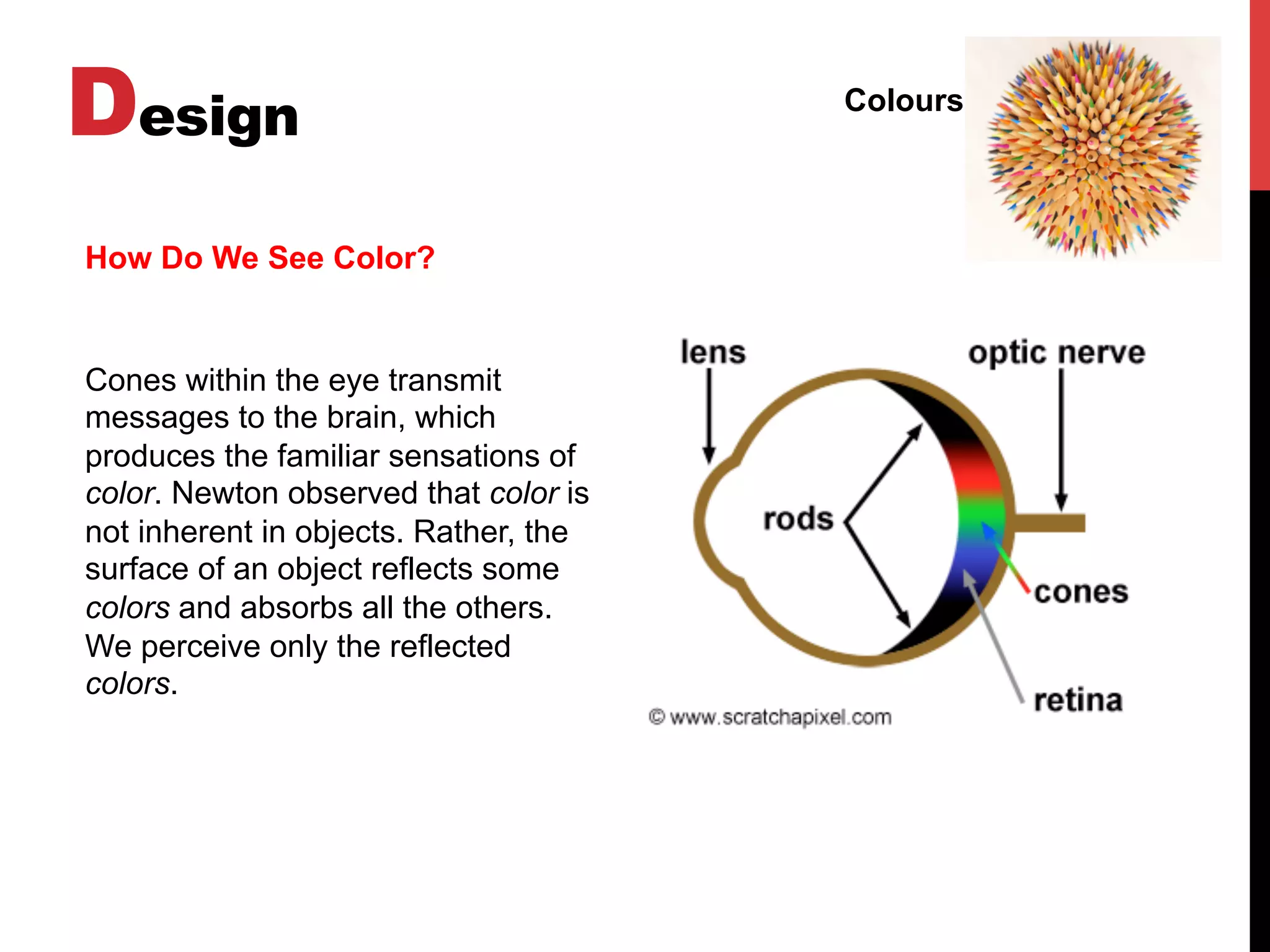 Design Colours
How Do We See Color?
Cones within the eye transmit
messages to the brain, which
produces the familiar sensations of
color. Newton observed that color is
not inherent in objects. Rather, the
surface of an object reflects some
colors and absorbs all the others.
We perceive only the reflected
colors.
 