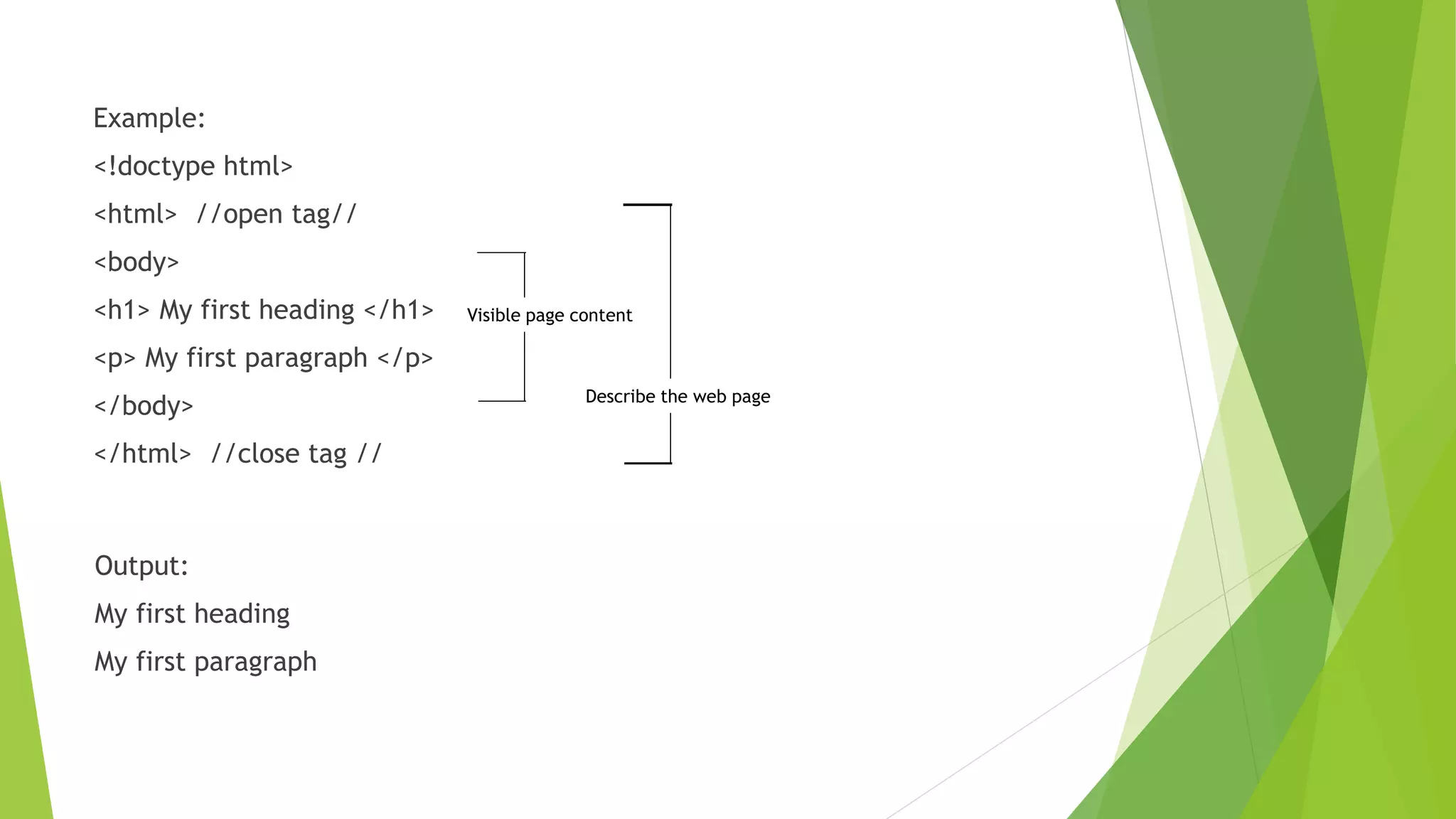 Example:
<!doctype html>
<html> //open tag//
<body>
<h1> My first heading </h1>
<p> My first paragraph </p>
</body>
</html> //close tag //
Visible page content
Describe the web page
Output:
My first heading
My first paragraph
 