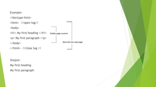 Example:
<!doctype html>
<html> //open tag//
<body>
<h1> My first heading </h1>
<p> My first paragraph </p>
</body>
</html> //close tag //
Visible page content
Describe the web page
Output:
My first heading
My first paragraph
 