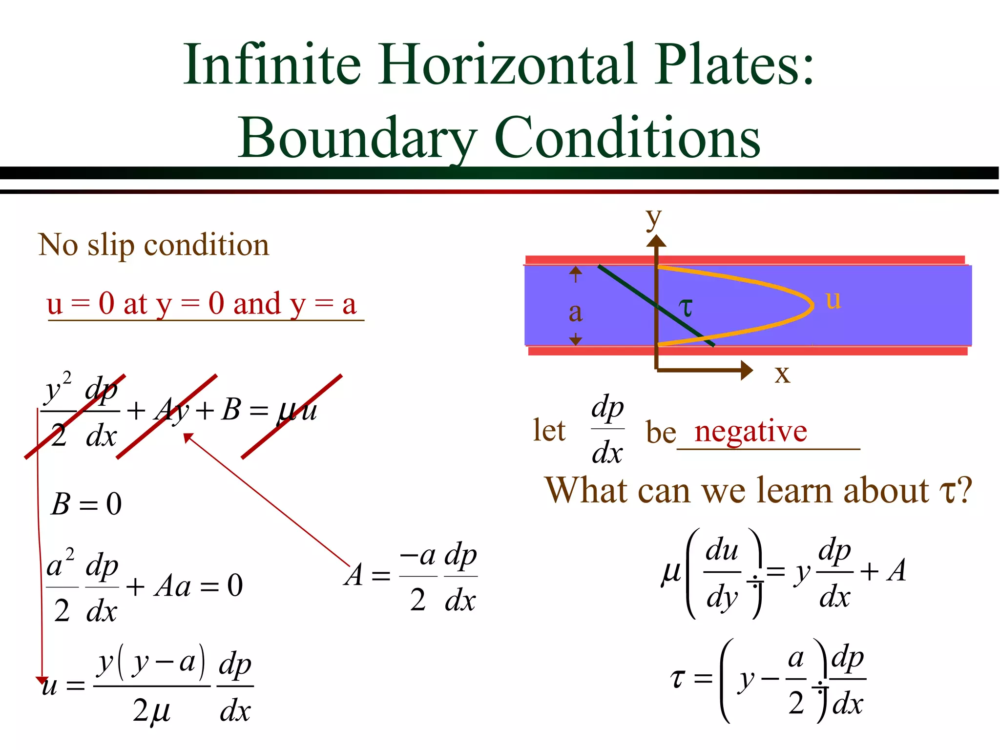 Infinite Horizontal Plates:
              Boundary Conditions
                                          y
No slip condition
u = 0 at y = 0 and y = a              a       τ         u

y 2 dp                                              x
       + Ay + B = µ u                   dp
2 dx                                let       negative
                                           be___________
                                        dx
B=0                                 What can we learn about τ?
a 2 dp                     − a dp             du  dp
        + Aa = 0        A=                 µ  ÷= y + A
 2 dx                       2 dx              dy  dx
     y ( y − a ) dp                                a  dp
u=                                            τ =y− ÷
         2µ      dx                                2  dx
 