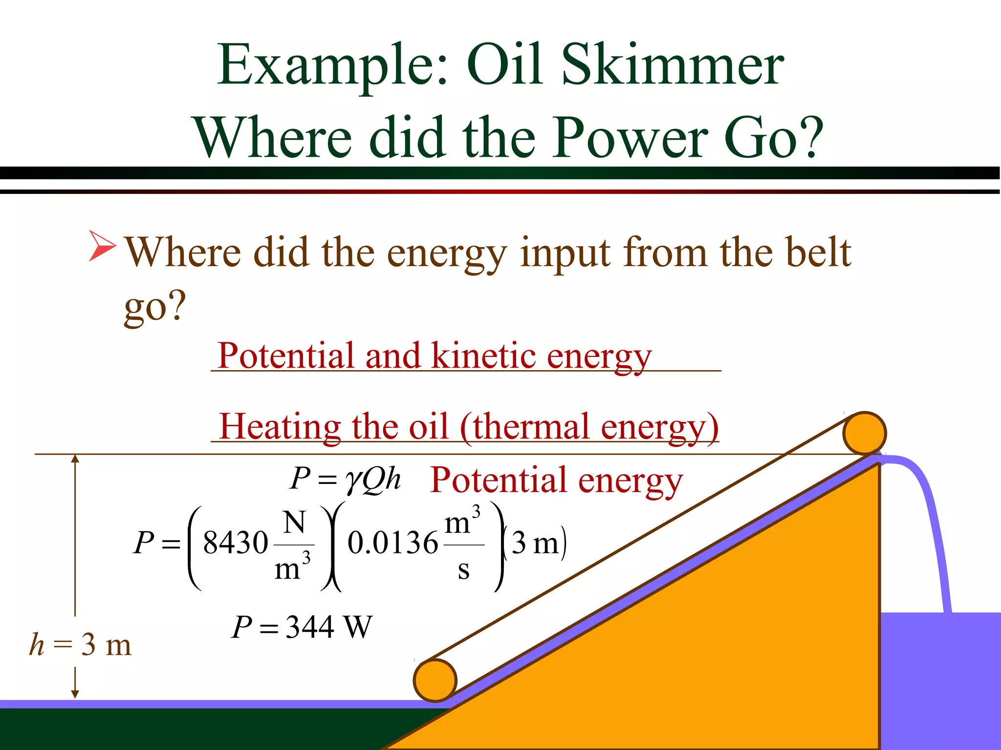 Example: Oil Skimmer
           Where did the Power Go?
   Where did the energy input from the belt
    go?
            Potential and kinetic energy
             Heating the oil (thermal energy)
                 P = γ Qh Potential energy
          8430 N  0.0136 m ( 3 m )
                             3
       P=          
                 3 
                               
              m          s 
              P = 344 W
h=3m
 
