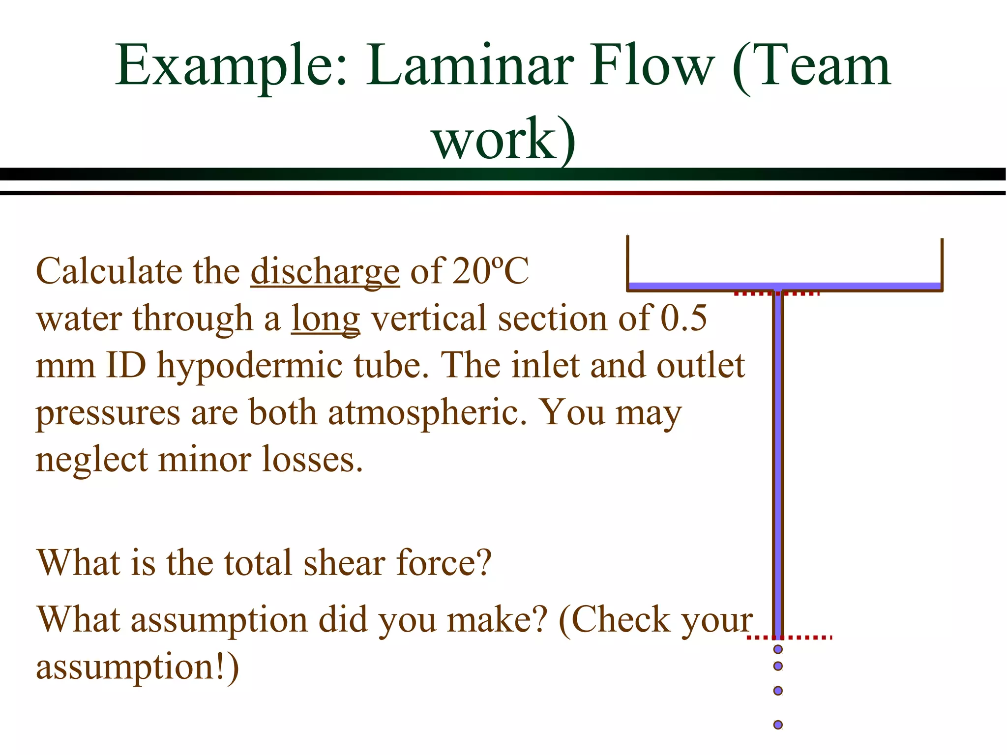 Example: Laminar Flow (Team
               work)

Calculate the discharge of 20ºC
water through a long vertical section of 0.5
mm ID hypodermic tube. The inlet and outlet
pressures are both atmospheric. You may
neglect minor losses.

What is the total shear force?
What assumption did you make? (Check your
assumption!)
 