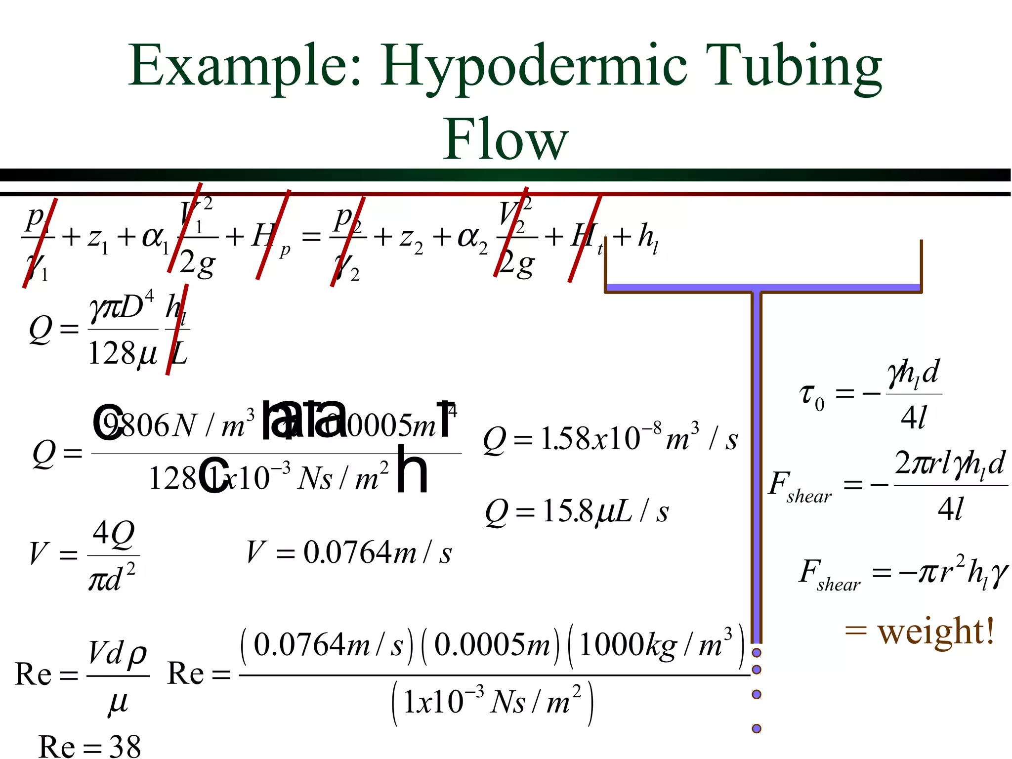 Example: Hypodermic Tubing
                   Flow
p1           V12        p2            V22
   + z1 + α1     + Hp =    + z2 + α 2     + H t + hl
γ1           2g         γ2            2g
     γπD 4 hl
Q=
     128µ L
                                                                        γhl d
                   afa             f
                                                                τ0 = −
    c              h
      9806 N / m3 π 0.0005m
                                   4
                                         Q = 158 x10−8 m3 / s
                                              .
                                                                         4l
 Q=
              c
          128 1x10−3 Ns / m2   h         Q = 158µL / s
                                                .
                                                              Fshear = −
                                                                         2πrlγhl d
                                                                             4l
  4Q
V= 2              V = 0.0764m / s
  πd                                                             Fshear = −π r 2 hl γ

     Vd ρ         ( 0.0764m / s ) ( 0.0005m ) ( 1000kg / m3 )        = weight!
Re =      Re =
      µ                        ( 1x10   −3
                                             Ns / m 2 )
 Re = 38
 