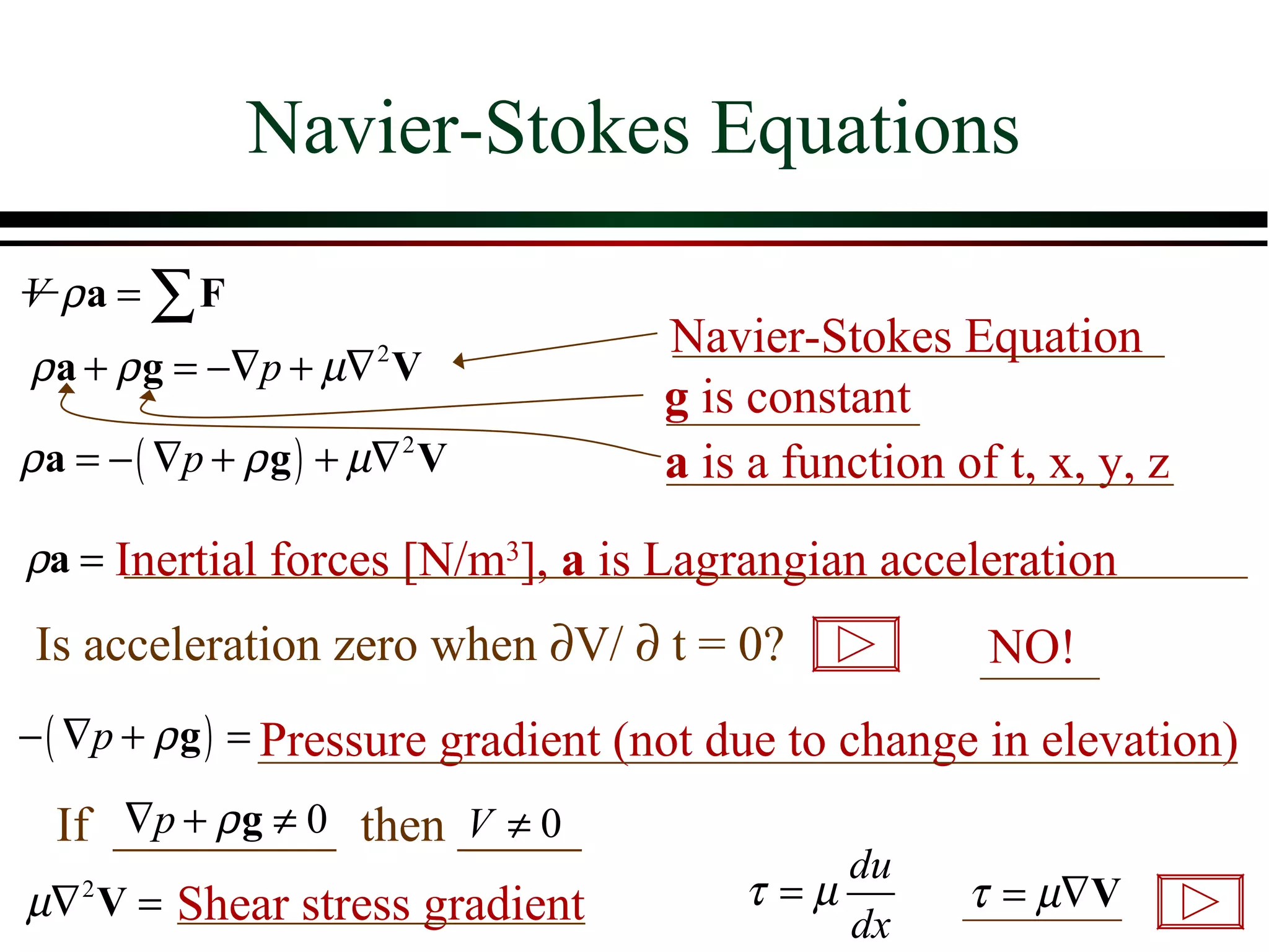 Navier-Stokes Equations
V ρa = ∑ F
                                   Navier-Stokes Equation
ρ a + ρ g = −∇p + µ∇ V  2

                                   g is constant
ρ a = − ( ∇p + ρ g ) + µ∇ 2 V      a is a function of t, x, y, z
ρa = Inertial forces [N/m3], a is Lagrangian acceleration

 Is acceleration zero when ∂V/ ∂ t = 0?              NO!
− ( ∇p + ρ g ) = Pressure gradient (not due to change in elevation)
     ∇p + ρ g ≠ 0   V ≠0
  If _________ then _____
                                            du
µ∇ V = Shear stress gradient
    2                                  τ =µ         τ = µ∇V
                                            dx
 