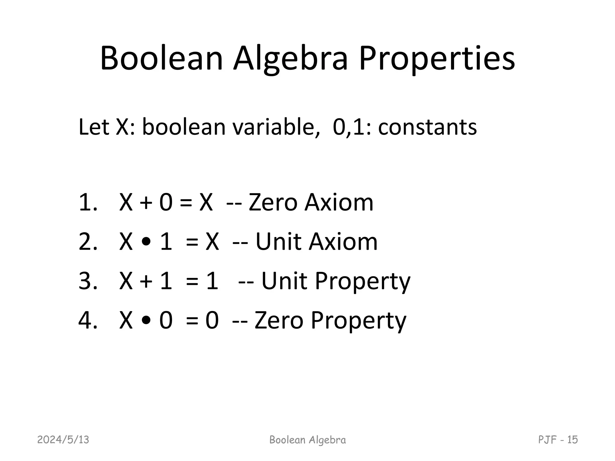 Boolean Algebra Properties
Let X: boolean variable, 0,1: constants
1. X + 0 = X -- Zero Axiom
2. X • 1 = X -- Unit Axiom
3. X + 1 = 1 -- Unit Property
4. X • 0 = 0 -- Zero Property
2024/5/13 Boolean Algebra PJF - 15
 