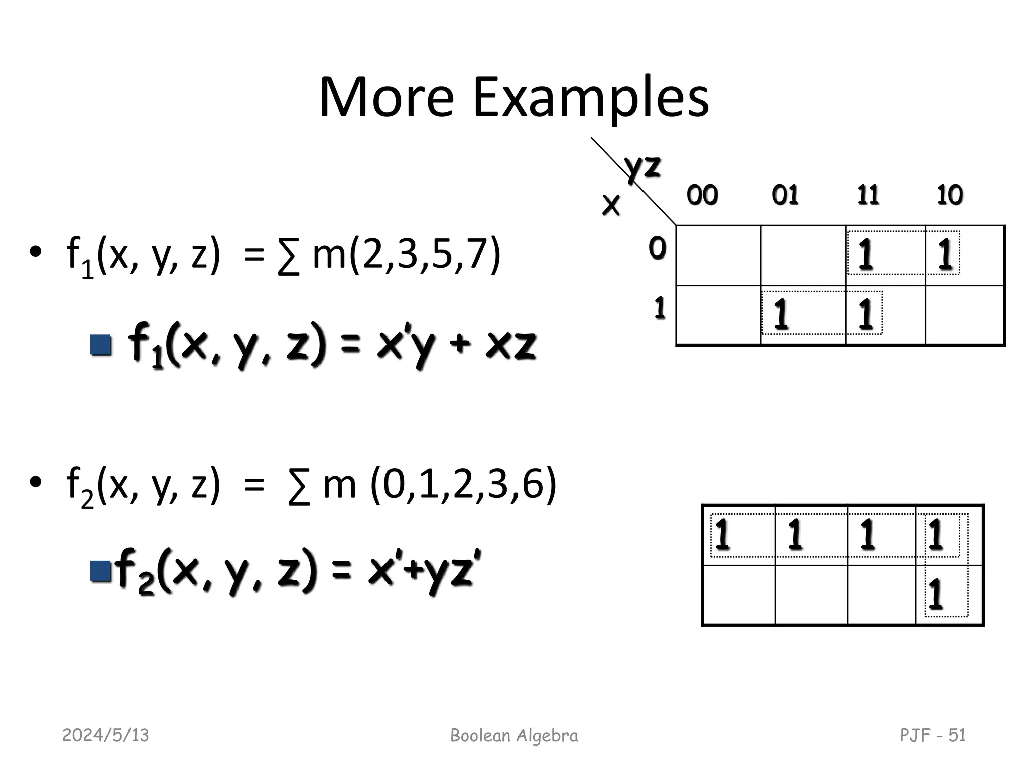 More Examples
• f1(x, y, z) = ∑ m(2,3,5,7)
• f2(x, y, z) = ∑ m (0,1,2,3,6)
2024/5/13 Boolean Algebra PJF - 51
 f1(x, y, z) = x’y + xz
f2(x, y, z) = x’+yz’
yz
X 00 01 11 10
0 1 1
1 1 1
1 1 1 1
1
 