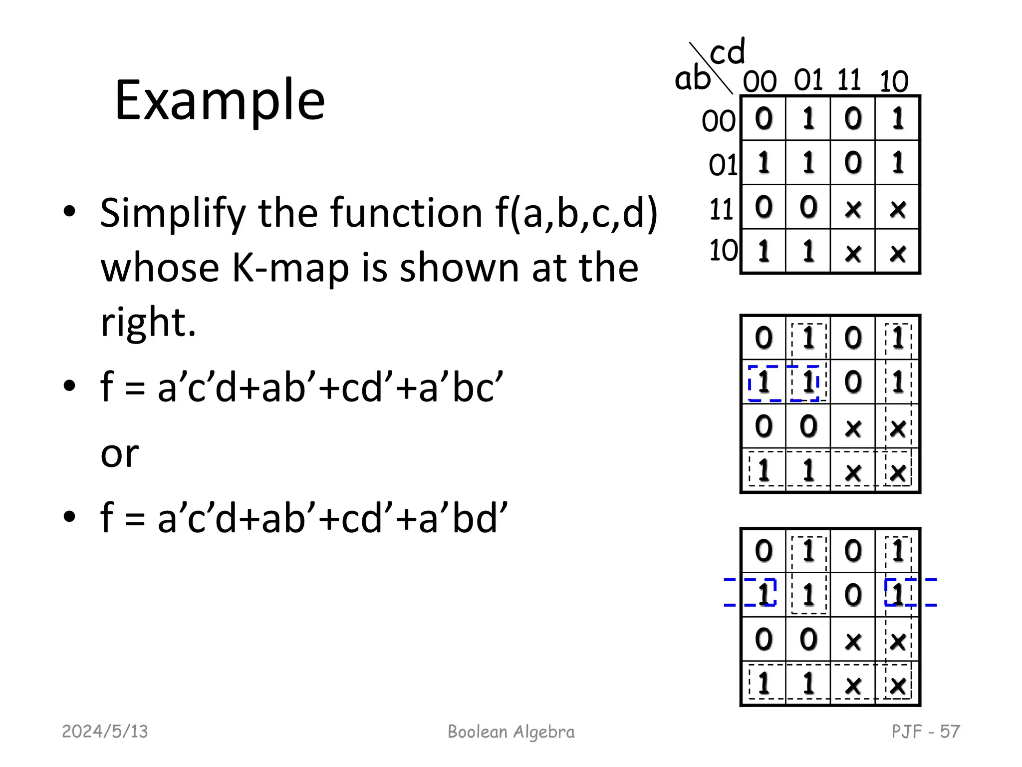 Example
• Simplify the function f(a,b,c,d)
whose K-map is shown at the
right.
• f = a’c’d+ab’+cd’+a’bc’
or
• f = a’c’d+ab’+cd’+a’bd’
2024/5/13 Boolean Algebra PJF - 57
x
x
1
1
x
x
0
0
1
0
1
1
1
0
1
0
x
x
1
1
x
x
0
0
1
0
1
1
1
0
1
0
0 1 0 1
1 1 0 1
0 0 x x
1 1 x x
ab
cd
00
01
11
10
00 01 11 10
 