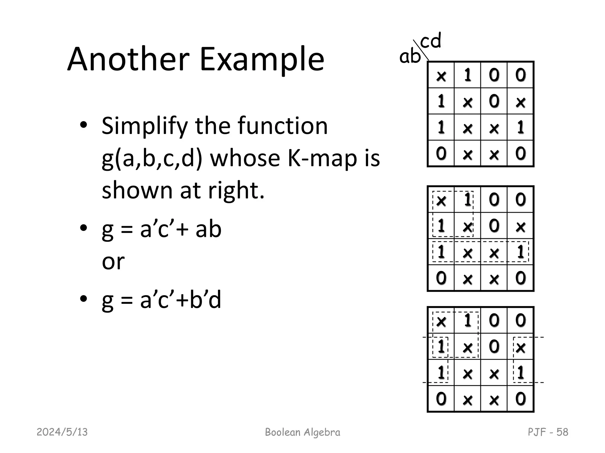 Another Example
• Simplify the function
g(a,b,c,d) whose K-map is
shown at right.
• g = a’c’+ ab
or
• g = a’c’+b’d
2024/5/13 Boolean Algebra PJF - 58
x 1 0 0
1 x 0 x
1 x x 1
0 x x 0
x 1 0 0
1 x 0 x
1 x x 1
0 x x 0
x 1 0 0
1 x 0 x
1 x x 1
0 x x 0
ab
cd
 
