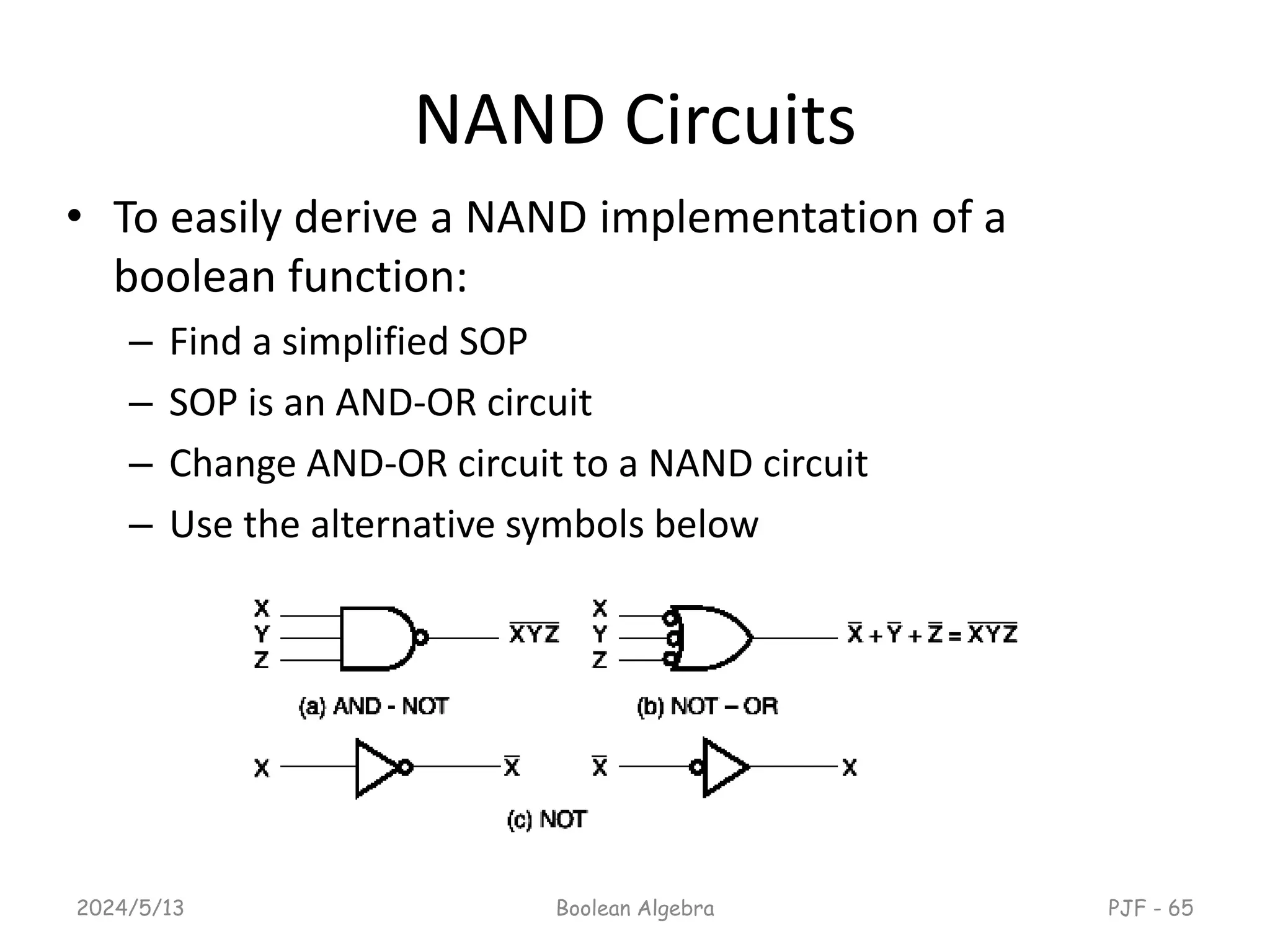 NAND Circuits
• To easily derive a NAND implementation of a
boolean function:
– Find a simplified SOP
– SOP is an AND-OR circuit
– Change AND-OR circuit to a NAND circuit
– Use the alternative symbols below
2024/5/13 PJF - 65
Boolean Algebra
 