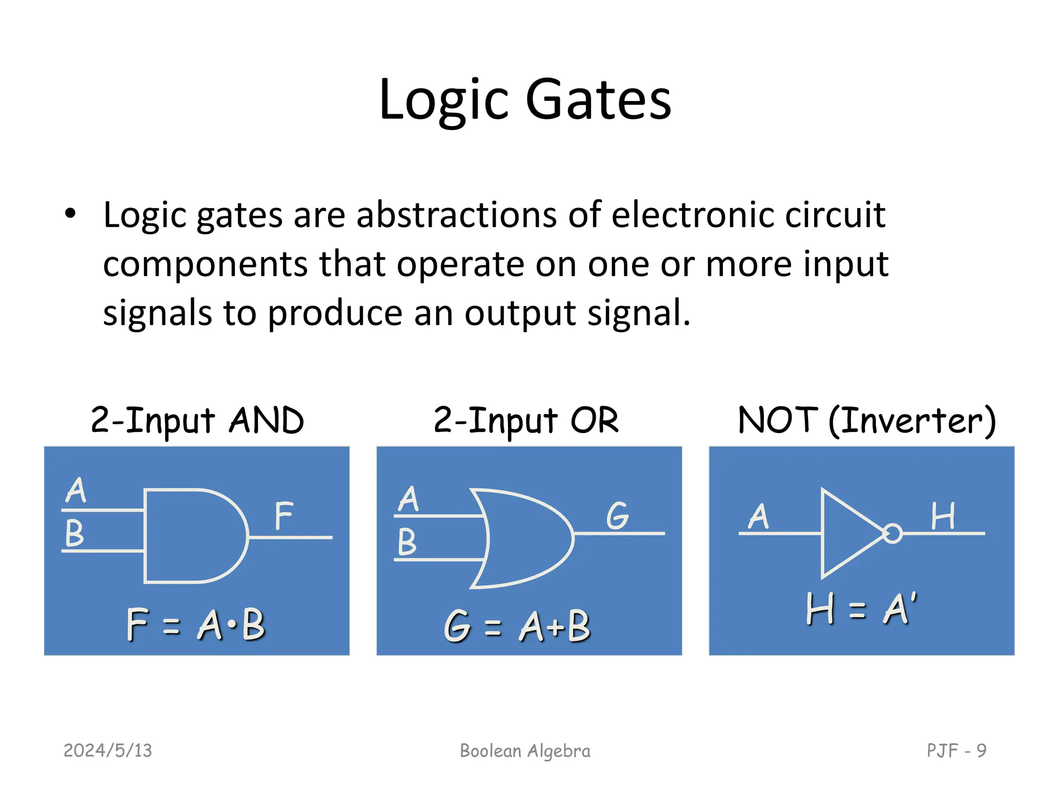 Logic Gates
• Logic gates are abstractions of electronic circuit
components that operate on one or more input
signals to produce an output signal.
2024/5/13 Boolean Algebra PJF - 9
2-Input AND 2-Input OR NOT (Inverter)
A A
A
B B
F G H
F = A•B G = A+B H = A’
 
