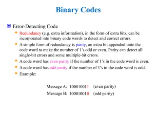 Binary Codes
 Error-Detecting Code
 Redundancy (e.g. extra information), in the form of extra bits, can be
incorporated into binary code words to detect and correct errors.
 A simple form of redundancy is parity, an extra bit appended onto the
code word to make the number of 1’s odd or even. Parity can detect all
single-bit errors and some multiple-bit errors.
 A code word has even parity if the number of 1’s in the code word is even.
 A code word has odd parity if the number of 1’s in the code word is odd.
 Example:
10001001
10001001
1
0 (odd parity)
Message B:
Message A: (even parity)
 