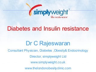 Diabetes and Insulin resistance
Dr C Rajeswaran
Consultant Physician, Diabetes ,Obesity& Endocrinology
Director, simplyweight Ltd
www.simplyweight.co.uk
www.thelondonobesityclinic.com

AVC/MTP/05/22270/1

 