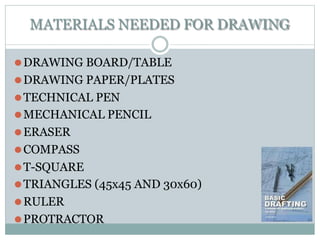 MATERIALS NEEDED FOR DRAWING
⚫DRAWING BOARD/TABLE
⚫DRAWING PAPER/PLATES
⚫TECHNICAL PEN
⚫MECHANICAL PENCIL
⚫ERASER
⚫COMPASS
⚫T-SQUARE
⚫TRIANGLES (45x45 AND 30x60)
⚫RULER
⚫PROTRACTOR
 