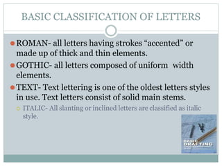 BASIC CLASSIFICATION OF LETTERS
⚫ROMAN- all letters having strokes “accented” or
made up of thick and thin elements.
⚫GOTHIC- all letters composed of uniform width
elements.
⚫TEXT- Text lettering is one of the oldest letters styles
in use. Text letters consist of solid main stems.
 ITALIC- All slanting or inclined letters are classified as italic
style.
 