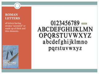 ROMAN
LETTERS
all letters having
strokes “accented” or
made up of thick and
thin elements.
 