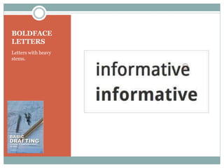 BOLDFACE
LETTERS
Letters with heavy
stems.
 