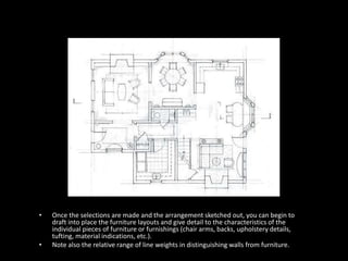• Once the selections are made and the arrangement sketched out, you can begin to
draft into place the furniture layouts and give detail to the characteristics of the
individual pieces of furniture or furnishings (chair arms, backs, upholstery details,
tufting, material indications, etc.).
• Note also the relative range of line weights in distinguishing walls from furniture.
 