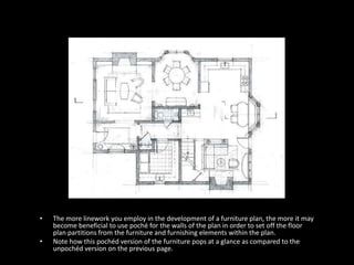 • The more linework you employ in the development of a furniture plan, the more it may
become beneficial to use poché for the walls of the plan in order to set off the floor
plan partitions from the furniture and furnishing elements within the plan.
• Note how this pochéd version of the furniture pops at a glance as compared to the
unpochéd version on the previous page.
 