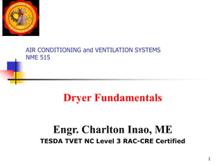 AIR CONDITIONING and VENTILATION SYSTEMS
NME 515
Dryer Fundamentals
Engr. Charlton Inao, ME
TESDA TVET NC Level 3 RAC-CRE Certified
1
 