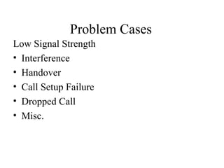 Problem Cases
Low Signal Strength
• Interference
• Handover
• Call Setup Failure
• Dropped Call
• Misc.
 