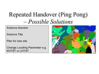Repeated Handover (Ping Pong)
      – Possible Solutions
Antenna direction

Antenna Tilts

Plan for new site

Change Locating Parameter e.g.
KHYST or LHYST
 