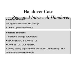 Handover Case
  – Repeated Intra-cell Handover
Possible Reasons
Wrong intra-cell handover settings
External Uplink Interference

Possible Solutions
Consider to change parameters:
• SSOFFSETUL, SSOFFSETDL
• QOFFSETUL, QOFFSETDL
A wrong setting of parameters will cause “unnecessary” IHO
Turn off Intra-cell Handover?
 