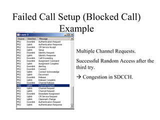 Failed Call Setup (Blocked Call)
            Example

               Multiple Channel Requests.
               Successful Random Access after the
               third try.
                Congestion in SDCCH.
 