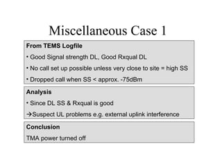 Miscellaneous Case 1
From TEMS Logfile
• Good Signal strength DL, Good Rxqual DL
• No call set up possible unless very close to site = high SS
• Dropped call when SS < approx. -75dBm

Analysis
• Since DL SS & Rxqual is good
Suspect UL problems e.g. external uplink interference

Conclusion
TMA power turned off
 