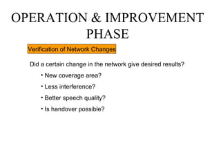 OPERATION & IMPROVEMENT
         PHASE
 Verification of Network Changes

  Did a certain change in the network give desired results?
      • New coverage area?
      • Less interference?
      • Better speech quality?
      • Is handover possible?
 