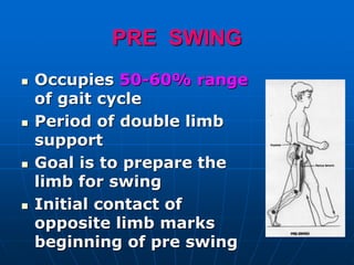 PRE SWING
 Occupies 50-60% range
of gait cycle
 Period of double limb
support
 Goal is to prepare the
limb for swing
 Initial contact of
opposite limb marks
beginning of pre swing
 