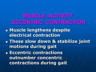 MUSCLE ACTIVITY
ECCENTRIC CONTRACTION
 Muscle lengthens despite
electrical contraction
 These slow down & stabilize joint
motions during gait
 Eccentric contractions
outnumber concentric
contractions during gait
 