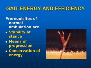 GAIT ENERGY AND EFFICIENCY
Prerequisites of
normal
ambulation are
 Stability at
stance
 Means of
progression
 Conservation of
energy
 