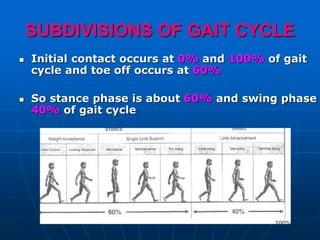 SUBDIVISIONS OF GAIT CYCLE
 Initial contact occurs at 0% and 100% of gait
cycle and toe off occurs at 60%
 So stance phase is about 60% and swing phase
40% of gait cycle
 