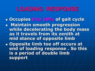 LOADING RESPONSE
 Occupies 0 to 10% of gait cycle
 Maintain smooth progression
while decelerating the body mass
as it travels from its zenith at
mid stance of opposite limb
 Opposite limb toe off occurs at
end of loading response . So this
is a period of double limb
support
 