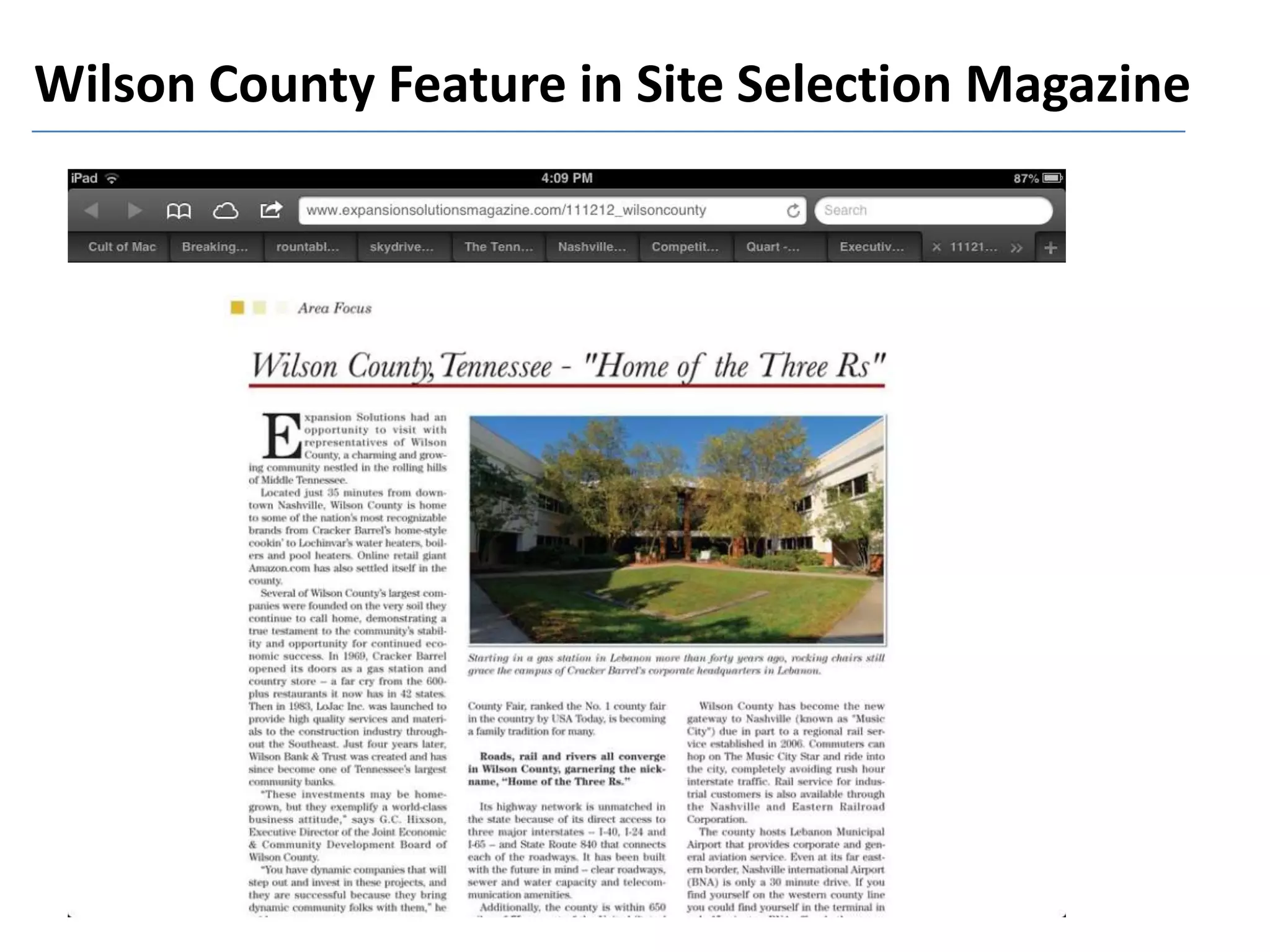 Wilson County Feature in Site Selection Magazine
 
