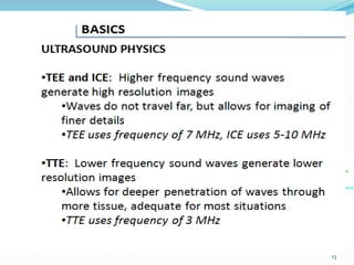 Transthoracic Echo
13
A standard echocardiogram is also known as a
transthoracic echocardiogram (TTE), or cardiac
ultrasound.
The subject is asked to lie in the semi recumbent
position on his or her left side with the head elevated.
The left arm is tucked under the head and the right arm
lies along the right side of the body
Standard positions on the chest wall are used for
placement of the transducer called “echo windows”
 