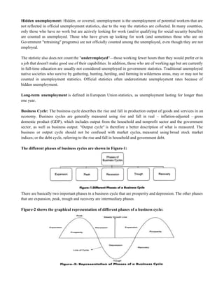 Hidden unemployment: Hidden, or covered, unemployment is the unemployment of potential workers that are
not reflected in official unemployment statistics, due to the way the statistics are collected. In many countries,
only those who have no work but are actively looking for work (and/or qualifying for social security benefits)
are counted as unemployed. Those who have given up looking for work (and sometimes those who are on
Government "retraining" programs) are not officially counted among the unemployed, even though they are not
employed.
The statistic also does not count the "underemployed"—those working fewer hours than they would prefer or in
a job that doesn't make good use of their capabilities. In addition, those who are of working age but are currently
in full-time education are usually not considered unemployed in government statistics. Traditional unemployed
native societies who survive by gathering, hunting, herding, and farming in wilderness areas, may or may not be
counted in unemployment statistics. Official statistics often underestimate unemployment rates because of
hidden unemployment.
Long-term unemployment is defined in European Union statistics, as unemployment lasting for longer than
one year.
Business Cycle: The business cycle describes the rise and fall in production output of goods and services in an
economy. Business cycles are generally measured using rise and fall in real – inflation-adjusted – gross
domestic product (GDP), which includes output from the household and nonprofit sector and the government
sector, as well as business output. "Output cycle" is therefore a better description of what is measured. The
business or output cycle should not be confused with market cycles, measured using broad stock market
indices; or the debt cycle, referring to the rise and fall in household and government debt.
The different phases of business cycles are shown in Figure-1:
There are basically two important phases in a business cycle that are prosperity and depression. The other phases
that are expansion, peak, trough and recovery are intermediary phases.
Figure-2 shows the graphical representation of different phases of a business cycle:
 