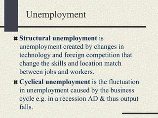 Structural unemployment is
unemployment created by changes in
technology and foreign competition that
change the skills and location match
between jobs and workers.
Cyclical unemployment is the fluctuation
in unemployment caused by the business
cycle e.g. in a recession AD & thus output
falls.
Unemployment
 