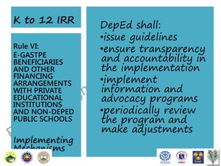 K to 12 IRR
Rule VI:
E-GASTPE
BENEFICIARIES
AND OTHER
FINANCING
ARRANGEMENTS
WITH PRIVATE
EDUCATIONAL
INSTITUTIONS
AND NON-DEPED
PUBLIC SCHOOLS

Implementing
Mechanisms

DepEd shall:
•issue guidelines
•ensure transparency
and accountability in
the implementation
•implement
information and
advocacy programs
•periodically review
the program and
make adjustments

 