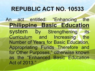 REPUBLIC ACT NO. 10533
An act entitled: “Enhancing the
Philippine Basic Education
system by Strengthening its
Curriculum and Increasing the
Number of Years for Basic Education,
Appropriating Funds Therefore and
for Other Purposes,” otherwise known
as the “Enhanced Basic Education
Act of 2013.”
 