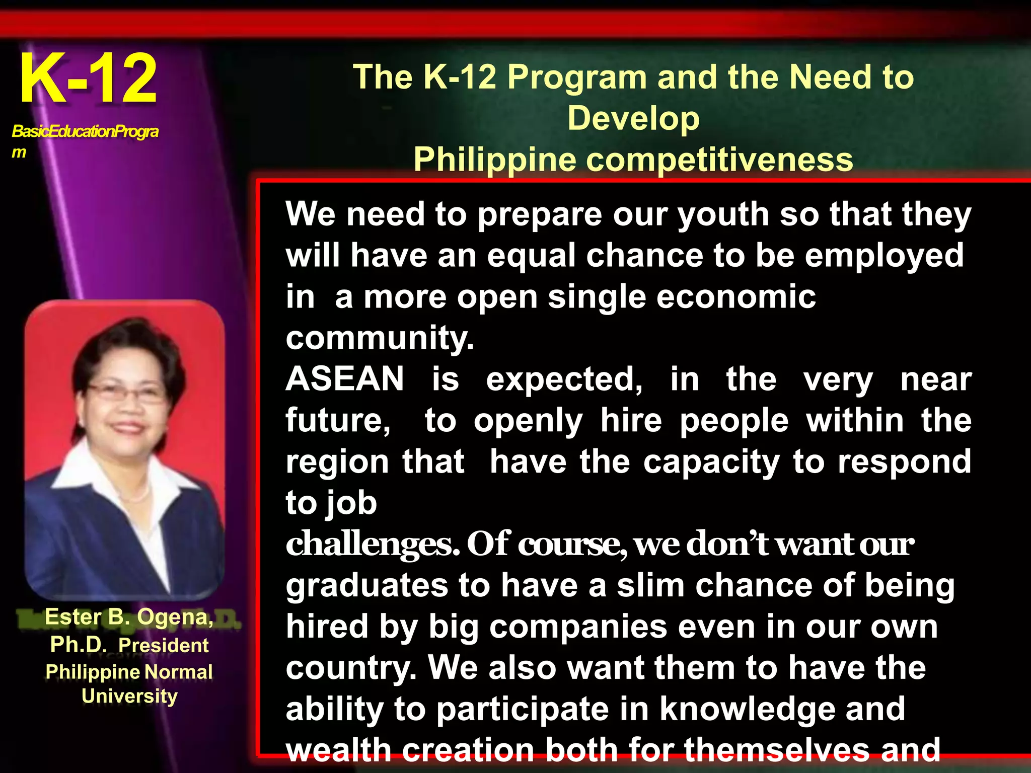 K-12
BasicEducationProgra
m
We need to prepare our youth so that they
will have an equal chance to be employed
in a more open single economic
community.
ASEAN is expected, in the very near
future, to openly hire people within the
region that have the capacity to respond
to job
challenges.Of course,wedon’twantour
graduates to have a slim chance of being
hired by big companies even in our own
country. We also want them to have the
ability to participate in knowledge and
wealth creation both for themselves and
The K-12 Program and the Need to
Develop
Philippine competitiveness
Ester B. Ogena,
Ph.D. President
Philippine Normal
University
 