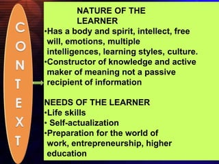 NATURE OF THE
LEARNER
•Has a body and spirit, intellect, free
will, emotions, multiple
intelligences, learning styles, culture.
•Constructor of knowledge and active
maker of meaning not a passive
recipient of information
NEEDS OF THE LEARNER
•Life skills
• Self-actualization
•Preparation for the world of
work, entrepreneurship, higher
education
 