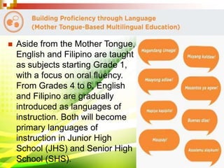  Aside from the Mother Tongue,
English and Filipino are taught
as subjects starting Grade 1,
with a focus on oral fluency.
From Grades 4 to 6, English
and Filipino are gradually
introduced as languages of
instruction. Both will become
primary languages of
instruction in Junior High
School (JHS) and Senior High
School (SHS).
 